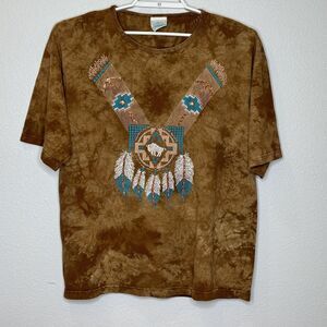 Vintage Lynne Apparel T-Shirt‎ Large S/S Brown Tie Dye Buffalo Aztec Southwest